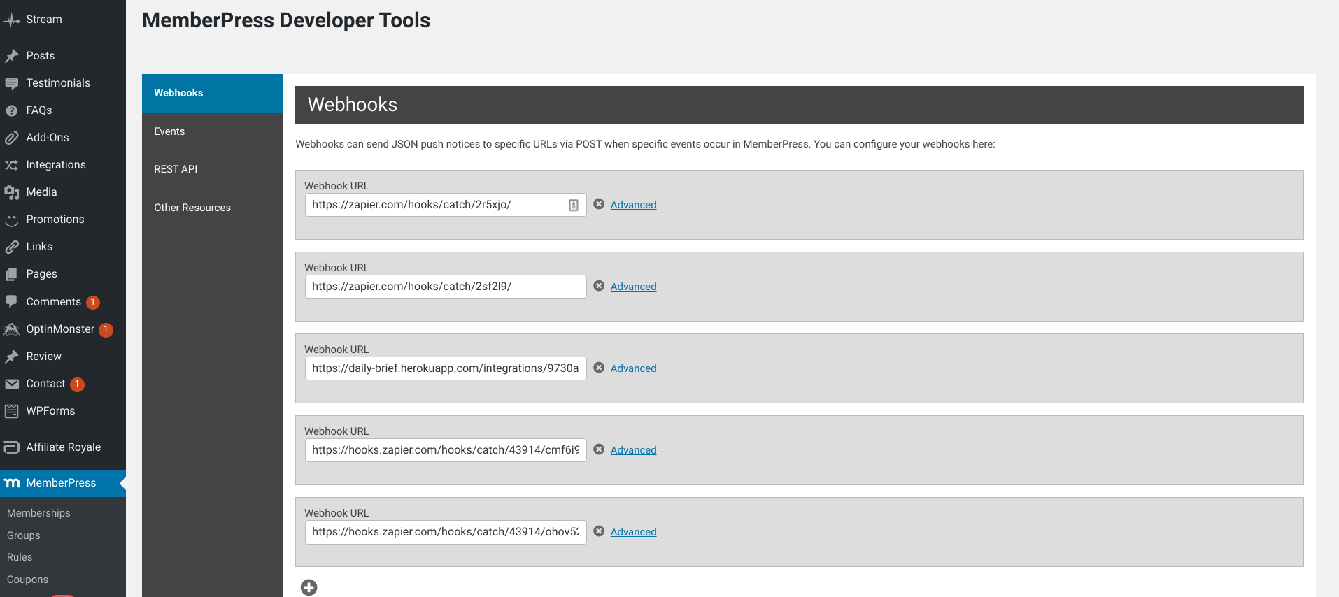 memberpress developer tools webhooks
