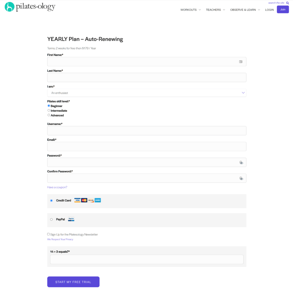 Pilatesology registration page