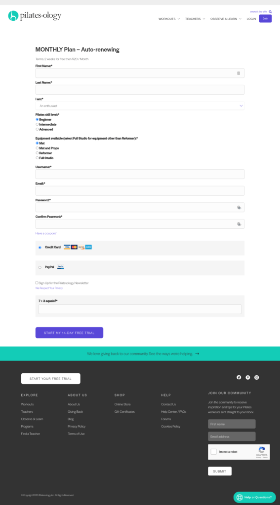 Pilatesology registration page