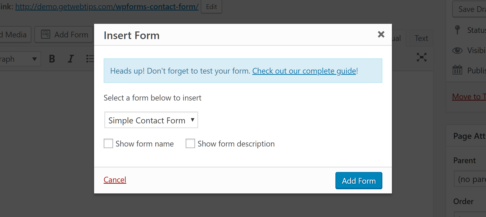 Insert Form Options