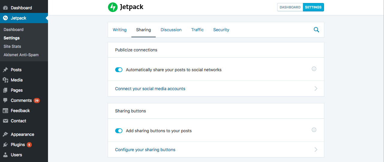 Les paramètres du plugin Jetpack.