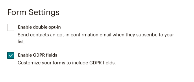 Ativação de campos GDPR no MailChimp.