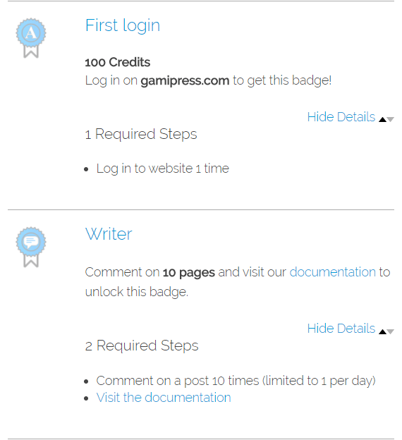 Badges in the GamiPress plugin.