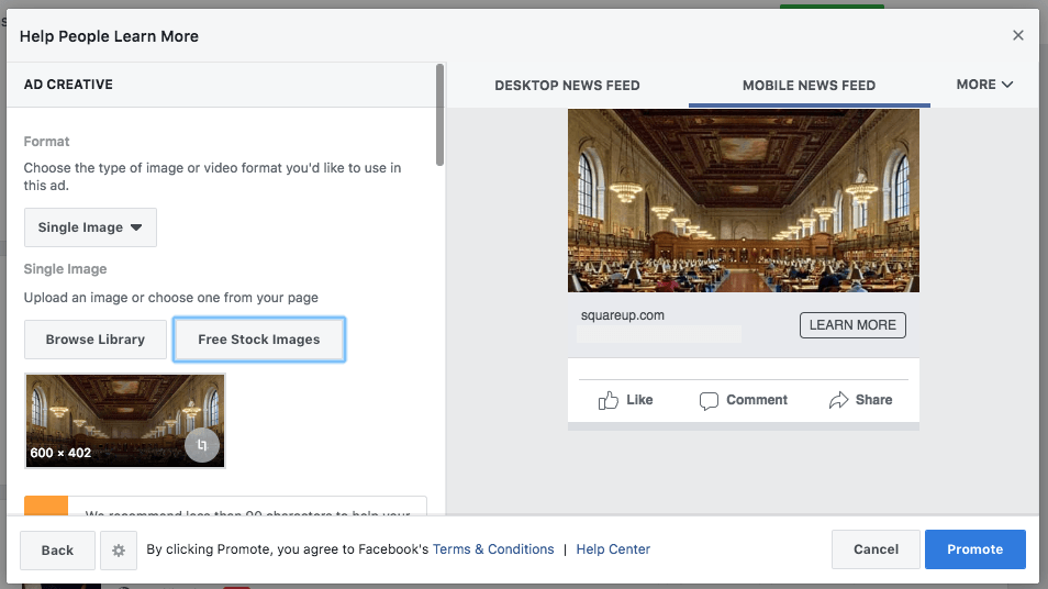 Customizing a Facebook ad.