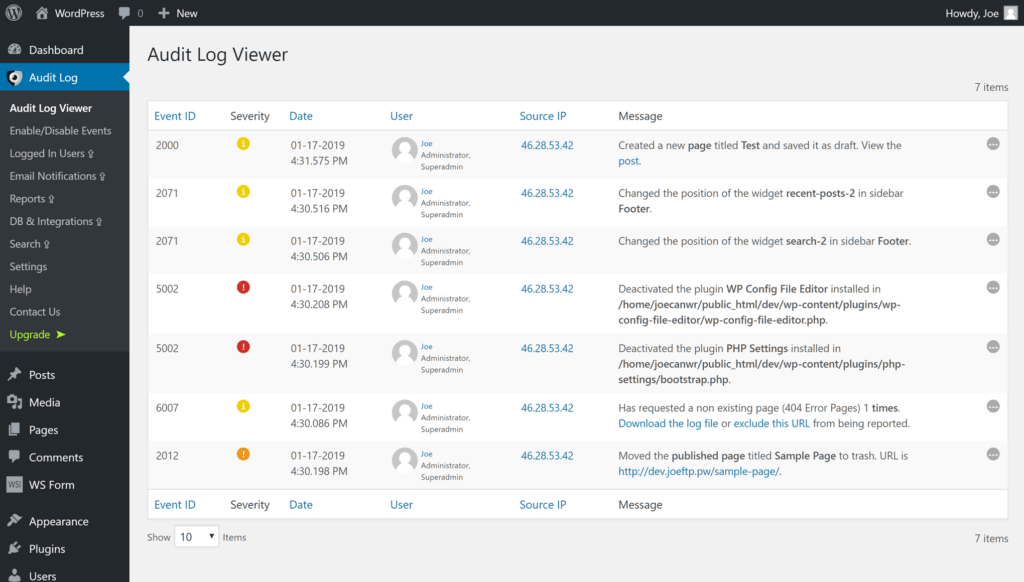 Website changes audit log