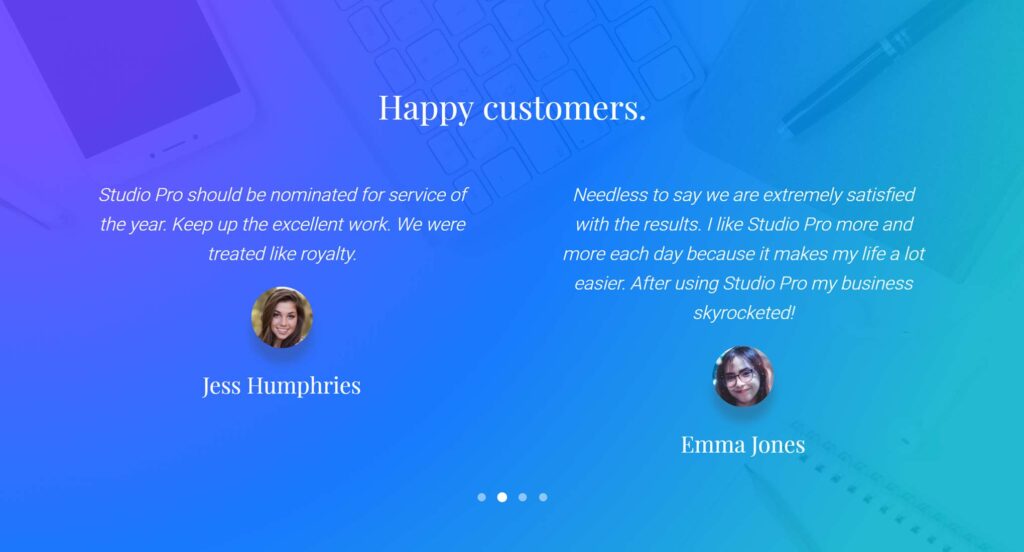 Testimonios de Studio Pro WordPress Theme 