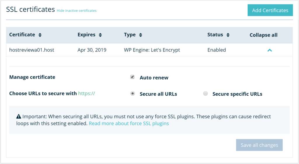 Adding the free SSL certificate with WP Engine.