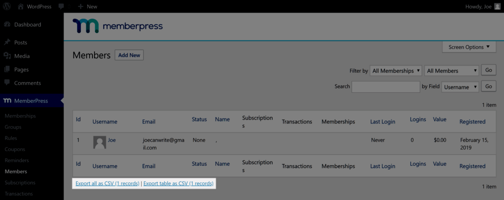 Export data from MemberPress