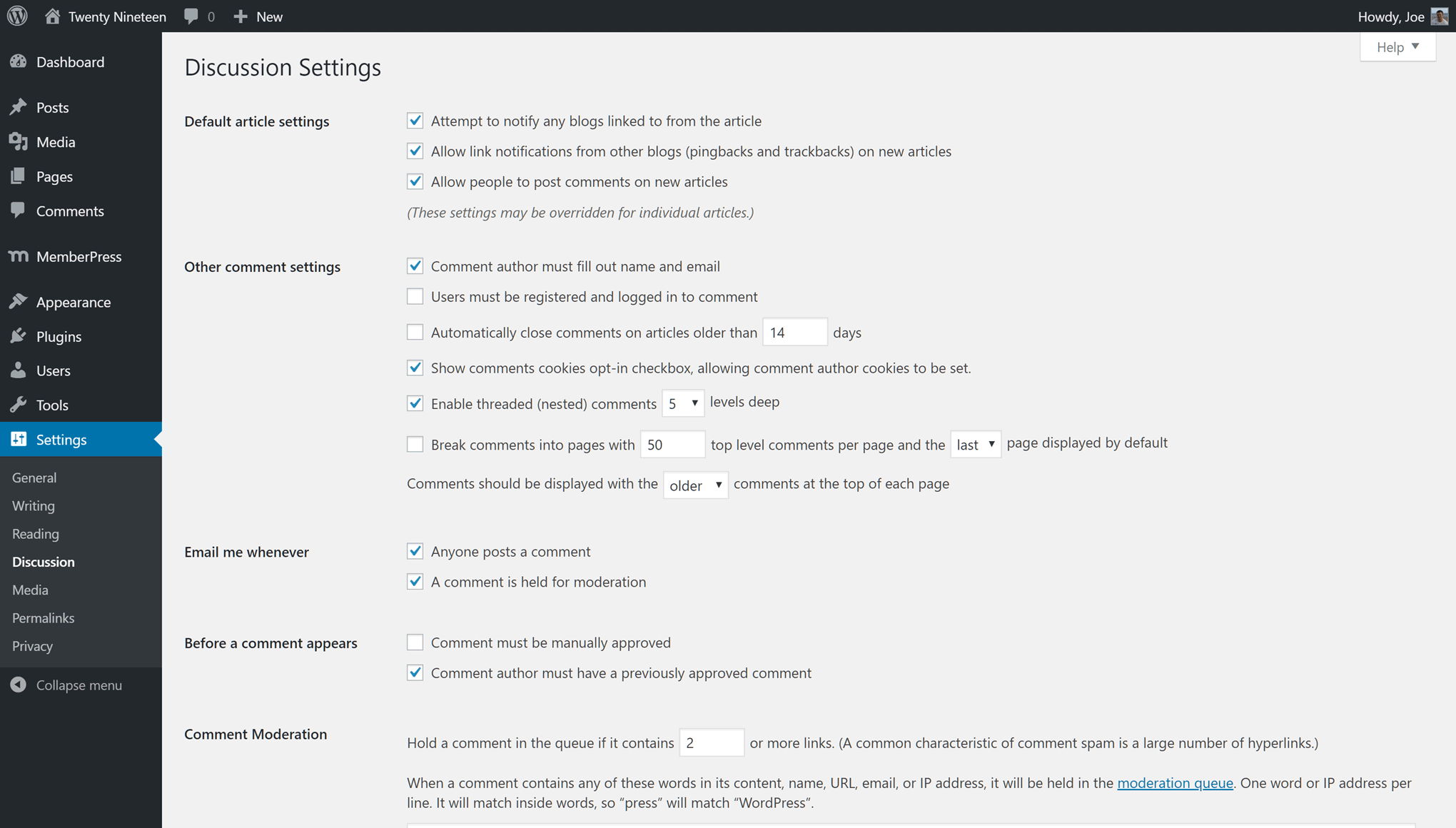 Ajustes de discusión de WordPress