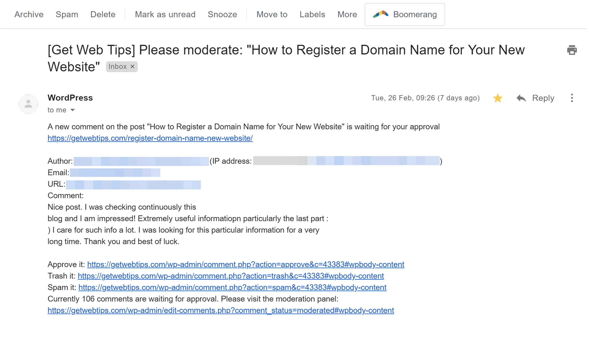 Ejemplo de correo electrónico de notificación