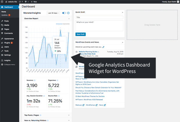 monsterinsights wordpress dashboard widget screenshot