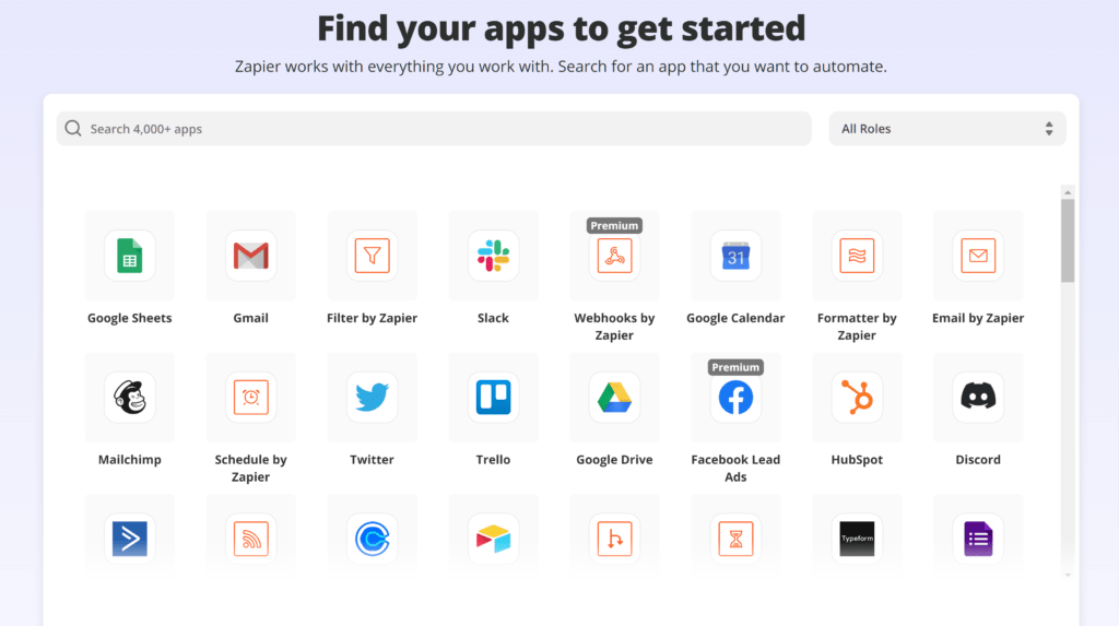 Zapier supported apps search interface