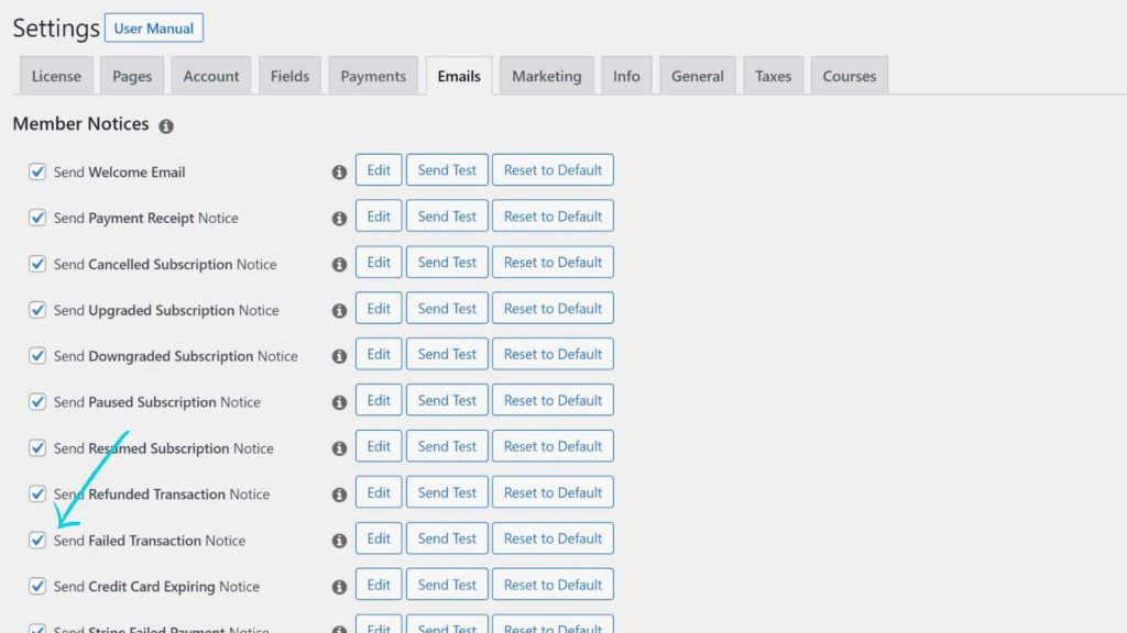 MemberPress "recuperar transacción fallida" configuración de correo electrónico