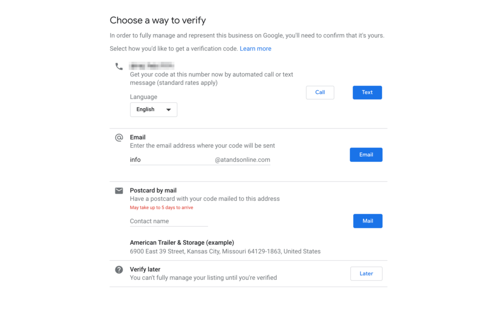 Google My Business' verification options.
