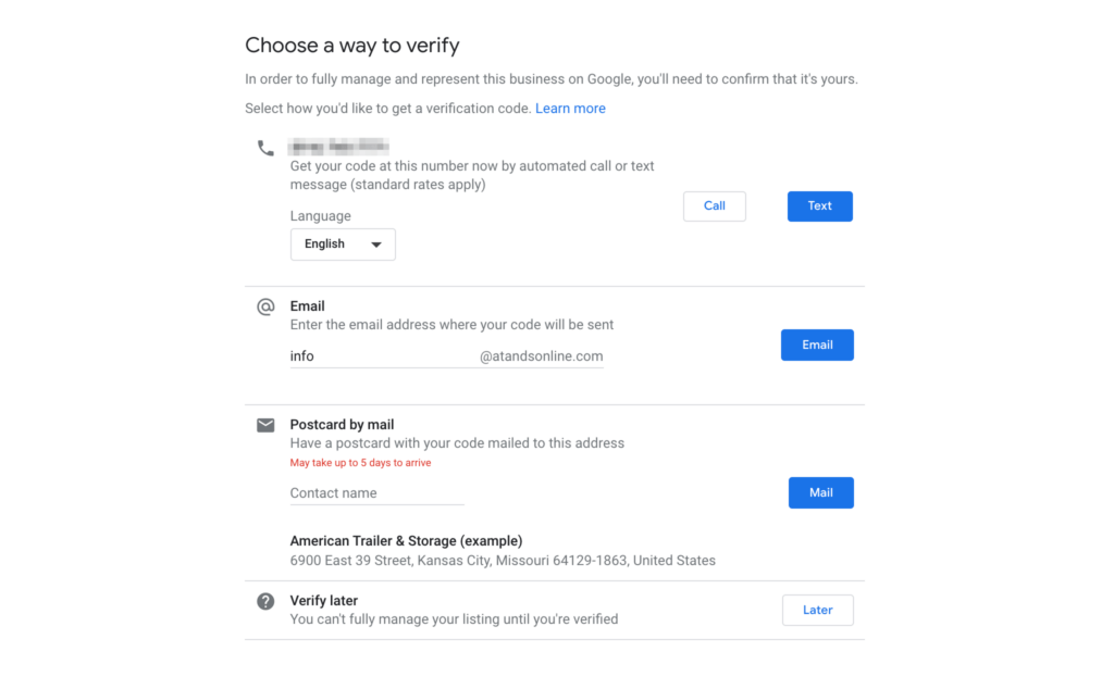 Opções de verificação do Google My Business.