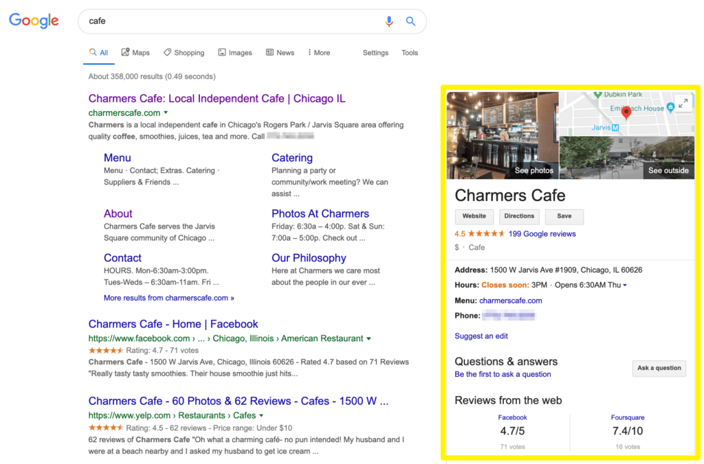 An example of a Google My Business profile for a local cafe on a Google SERP.
