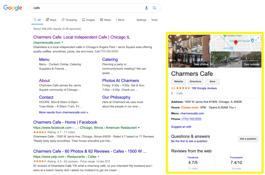 Exemple de profil Google My Business pour un café local sur une page SERP de Google.