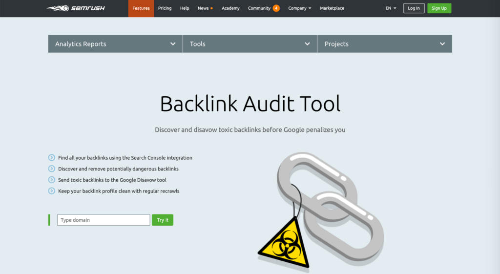 The SEMRush backlink audit tool.