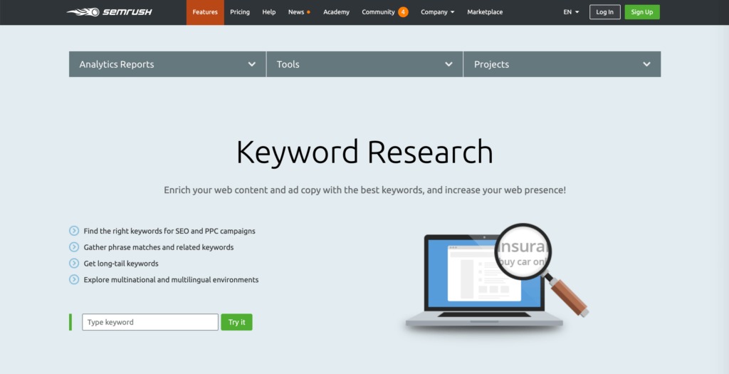 The SEMRush keyword research tool