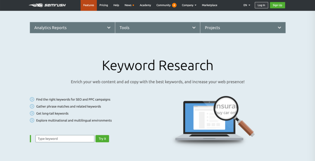 The SEMRush homepage.