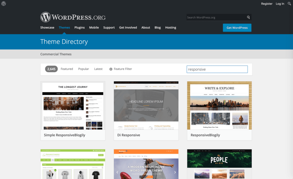 Search results for responsive themes in the WordPress Theme Directory.