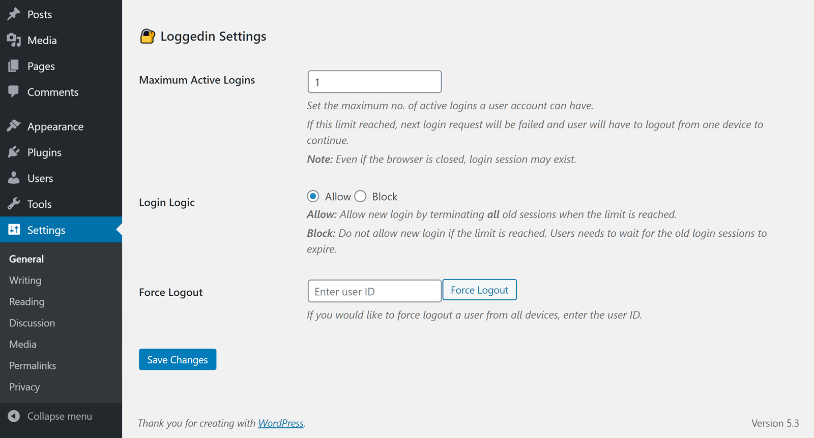 Loggedin Plugin Settings