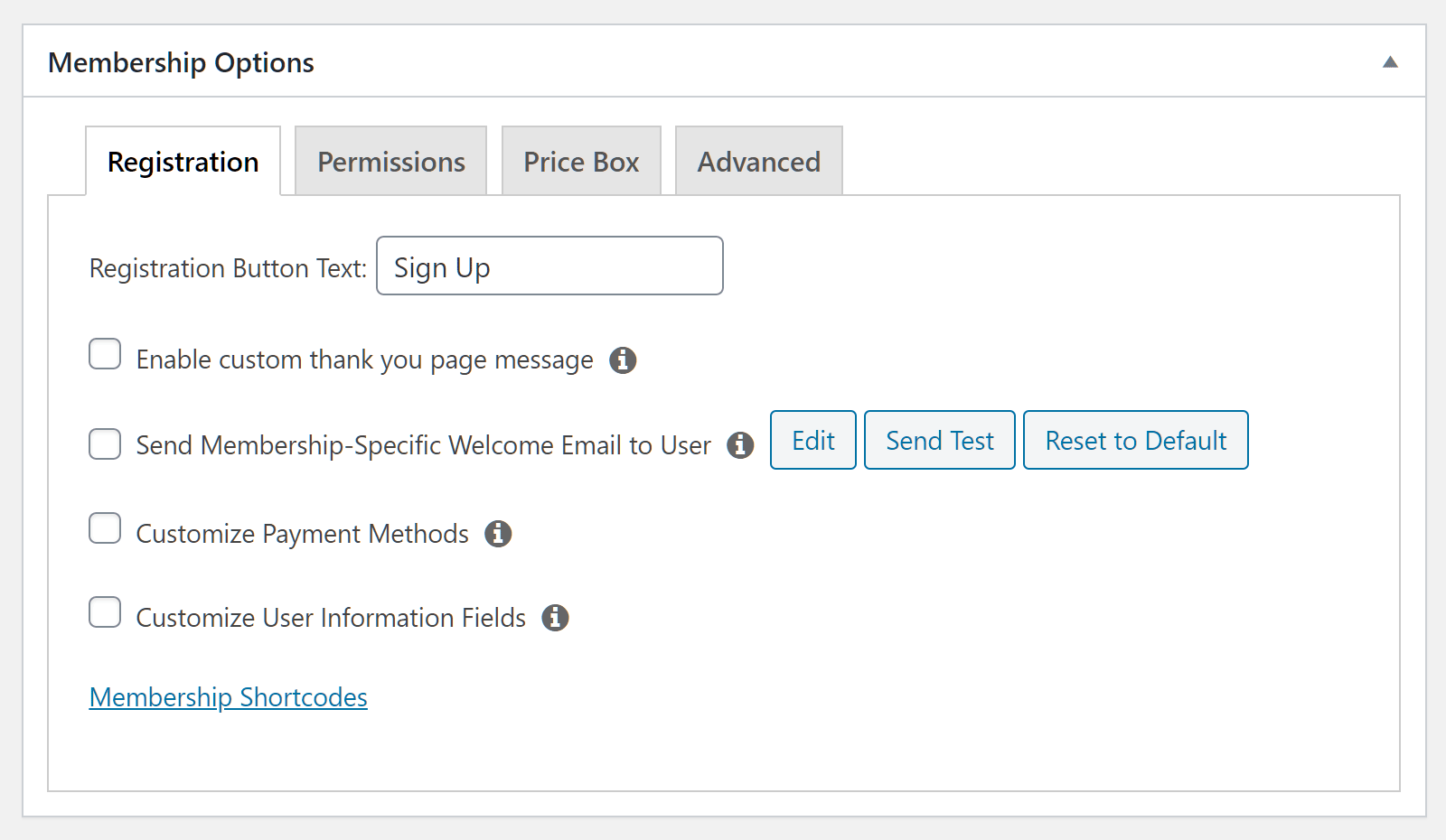 MemberPress Membership Options panel