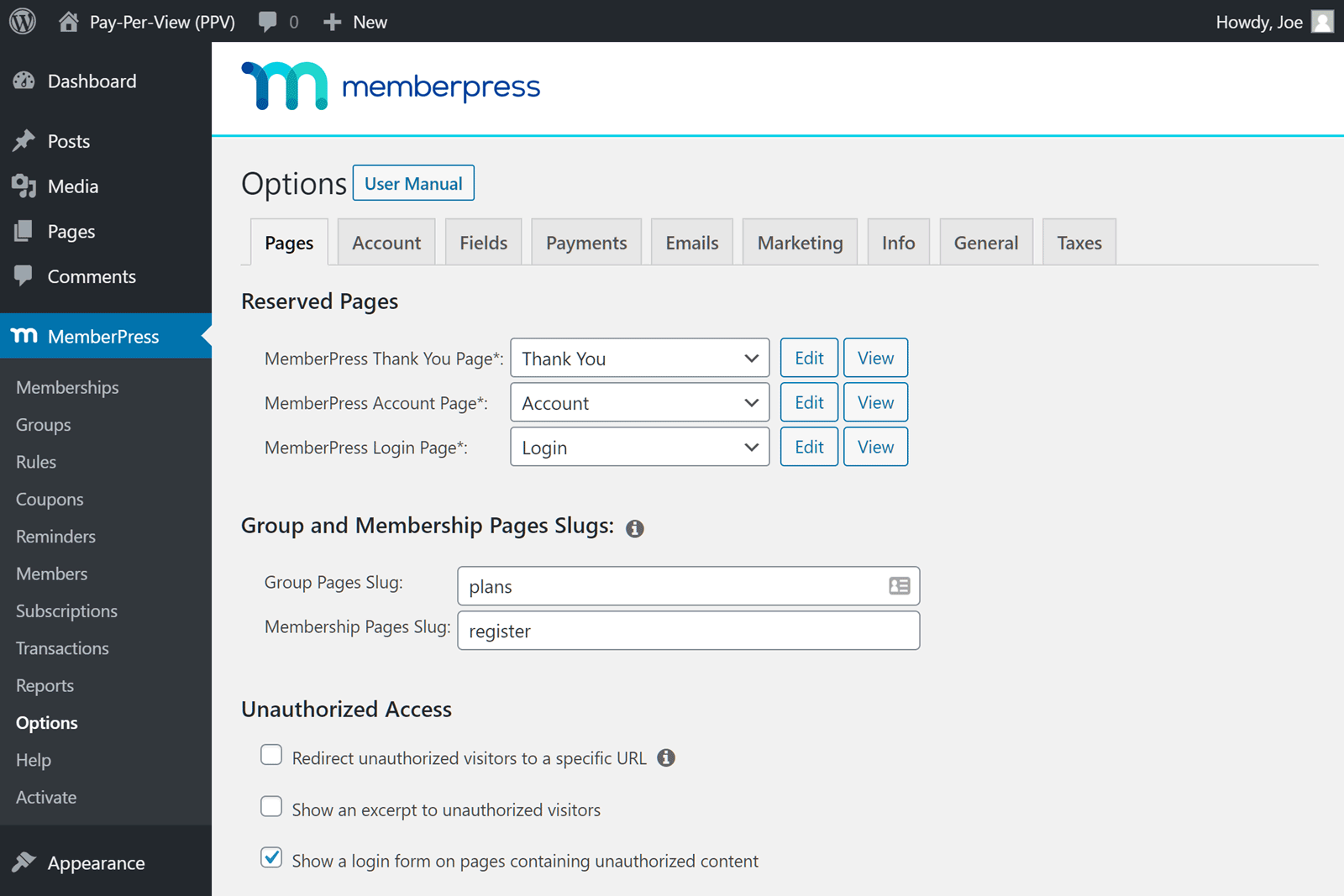 MemberPress Page d'options