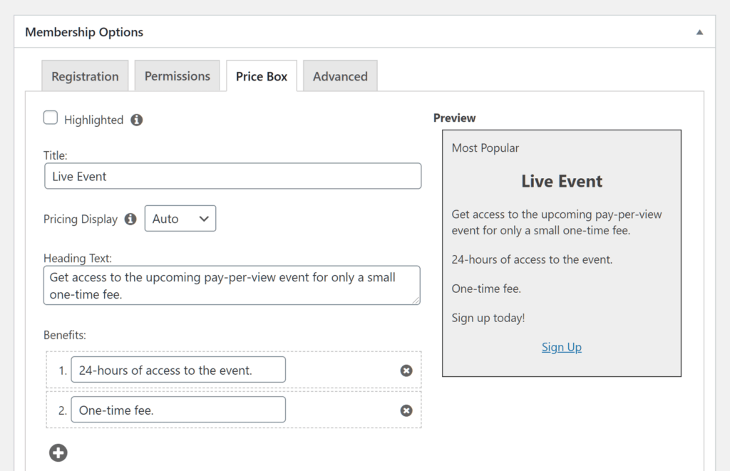 MemberPress Optionen Preisbox