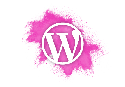 White WordPress logo with pink splash background