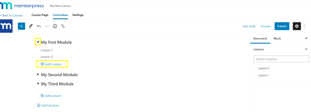 Adding lessons in the MemberPress Courses visual builder.