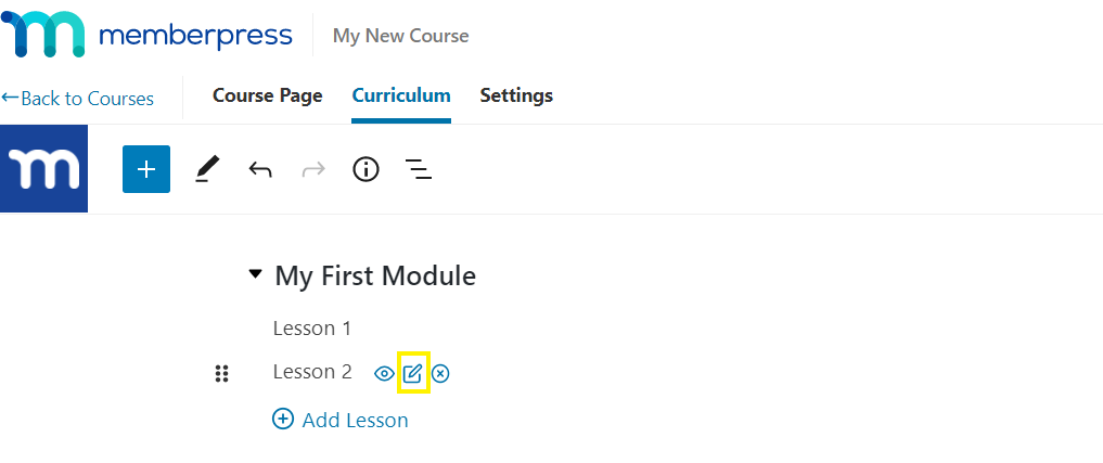 Adding lesson content in the MemberPress Courses visual builder.