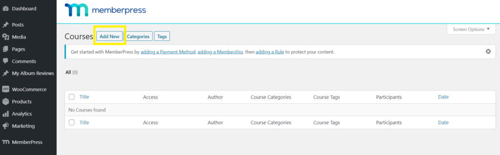 Adding a new course in MemberPress.