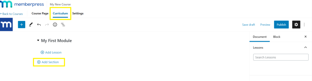 Adding sections in the MemberPress Courses visual builder.