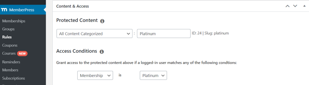 Restricting content based on a category in MemberPress.