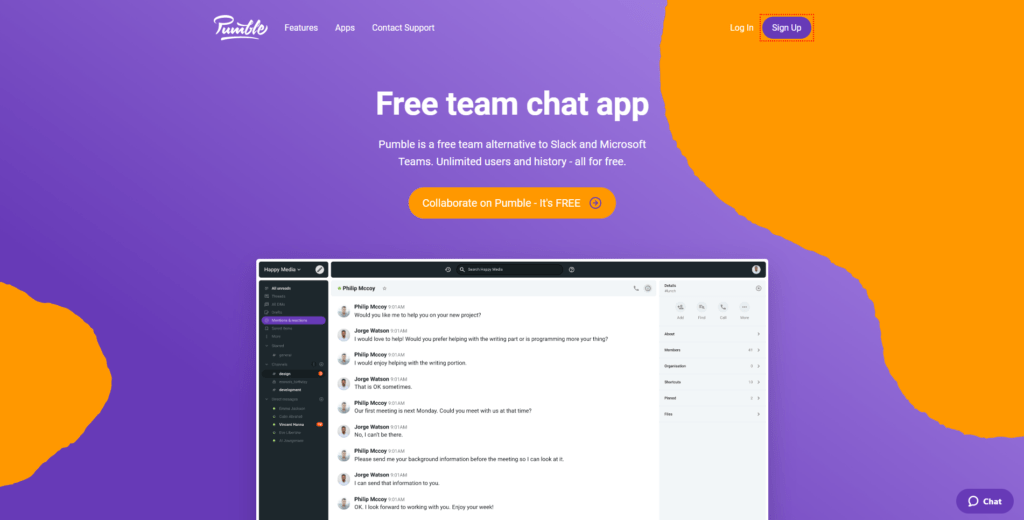 Pumble chat app homepage