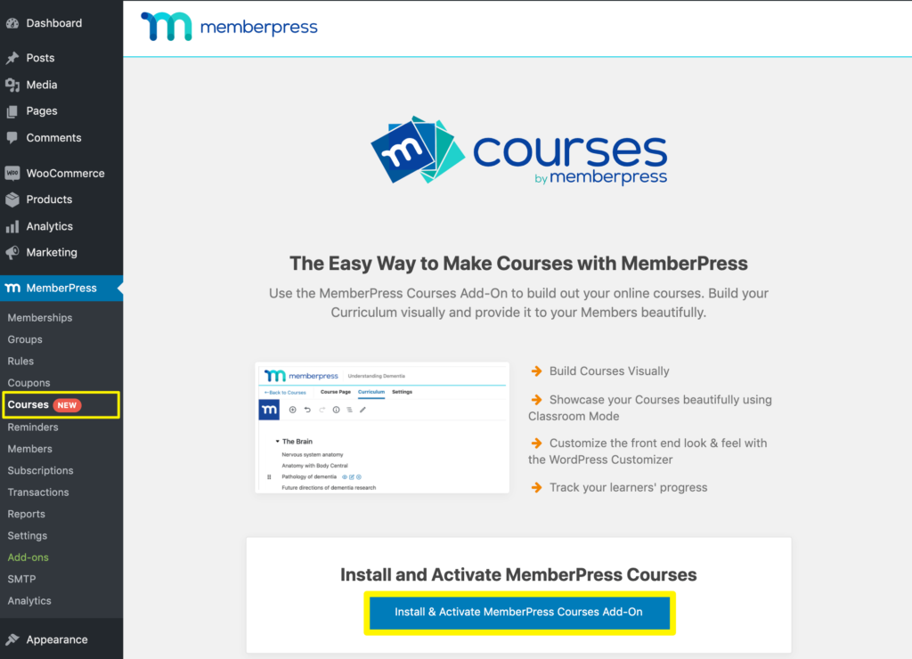Activating the MemberPress Courses add-on.