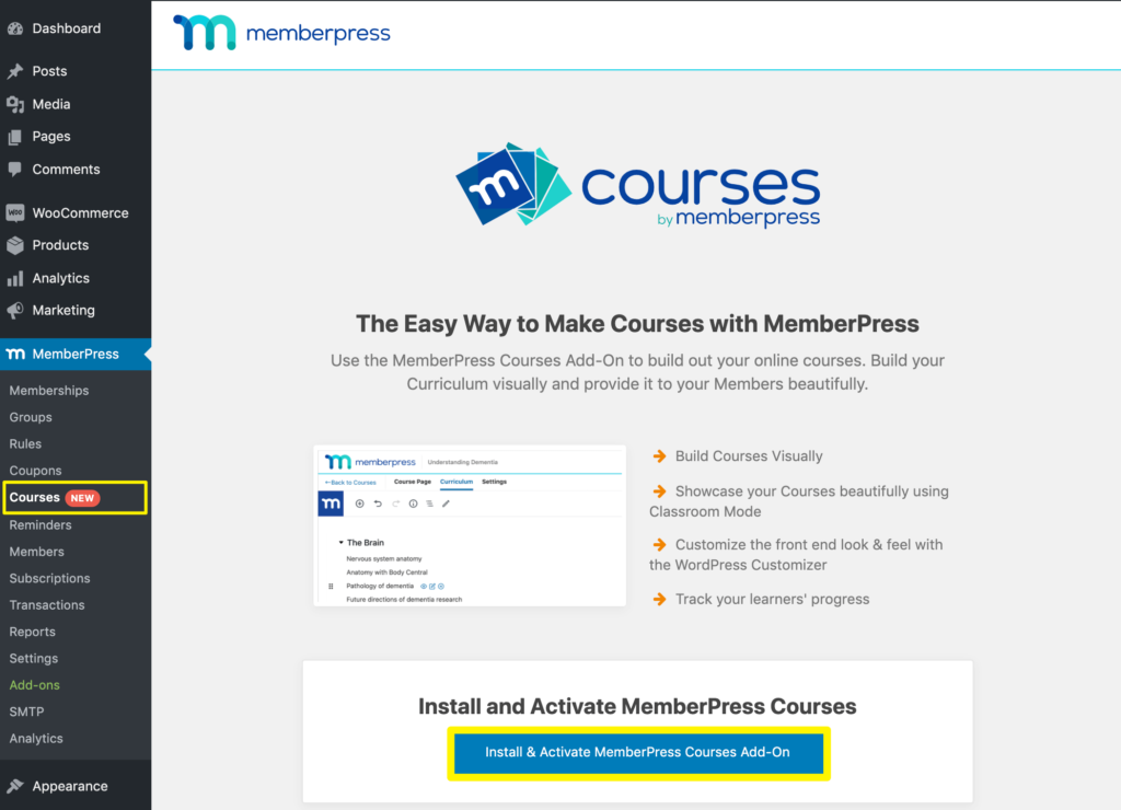Activation du module complémentaire MemberPress Courses.