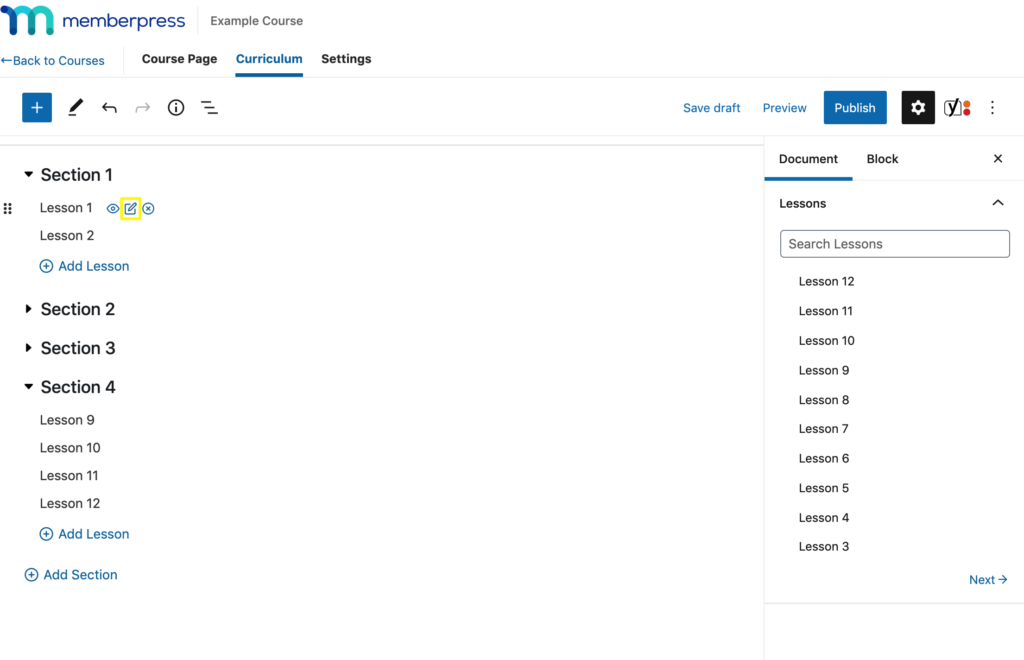 The lesson edit icon in the MemberPress Courses editor.