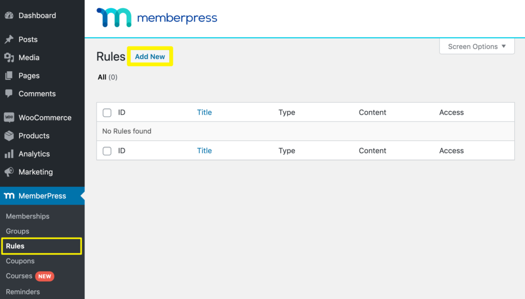 Adição de uma nova regra no MemberPress.