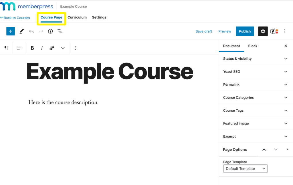 The Course Page tab in the MemberPress Courses editor.