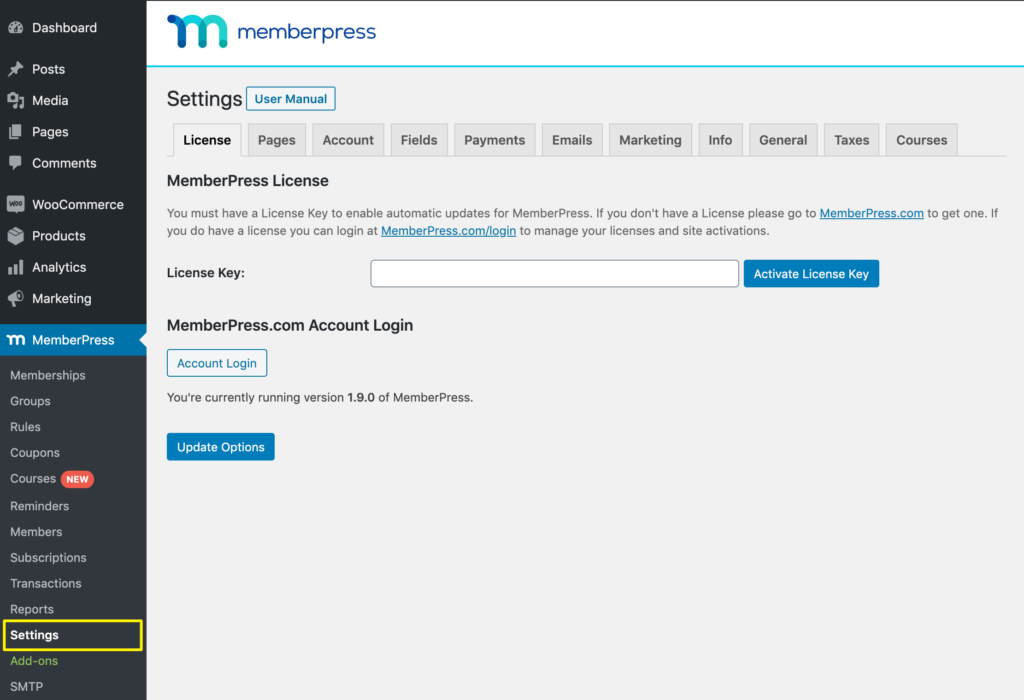 Inserção da chave de licença do MemberPress.