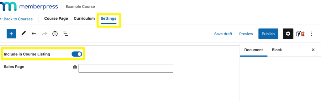 The Settings tab in the MemberPress Courses editor.