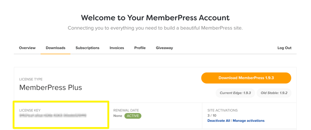 Viewing your MemberPress license key.