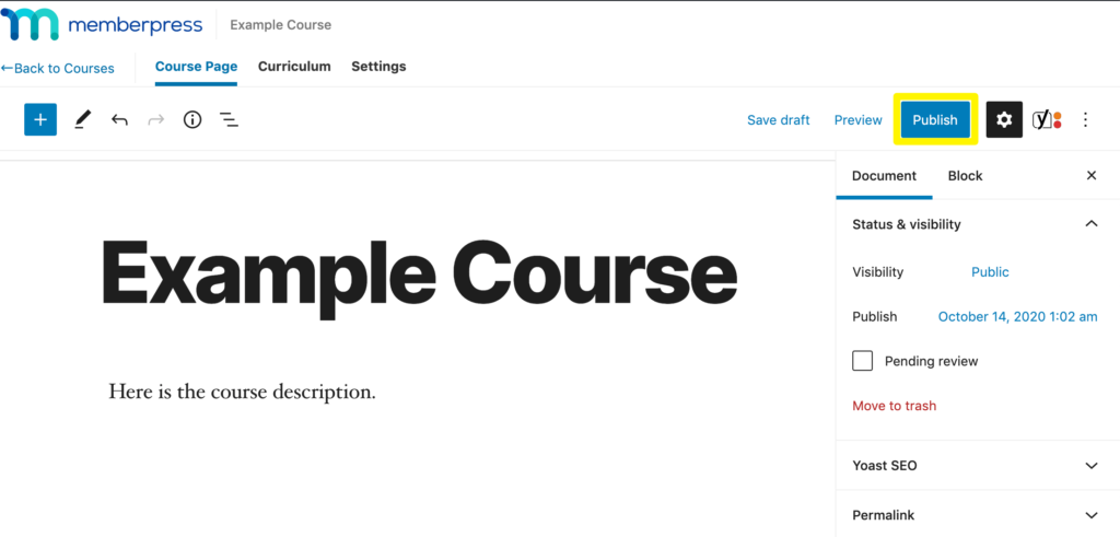 Publishing a new course with MemberPress.