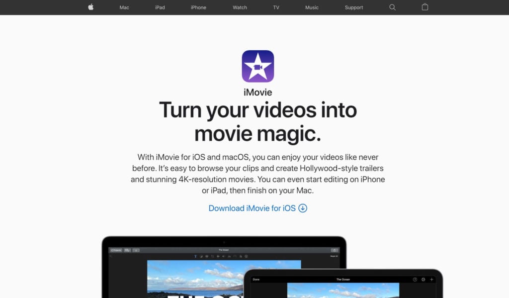 The Apple iMovie home page