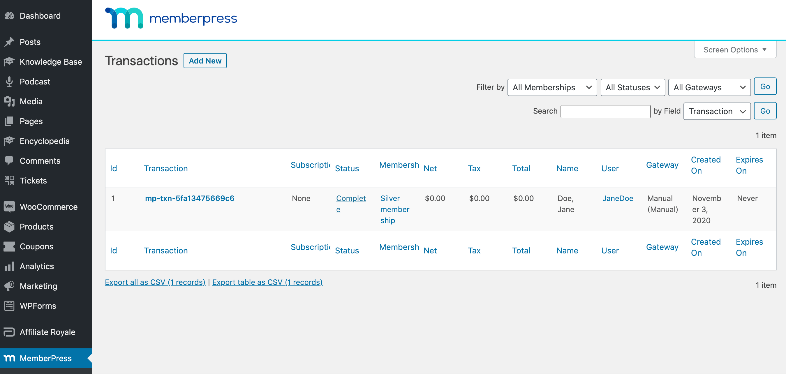 A tela de transações do painel do MemberPress.