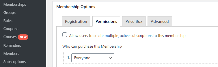 Setting permissions for new membership registrations.