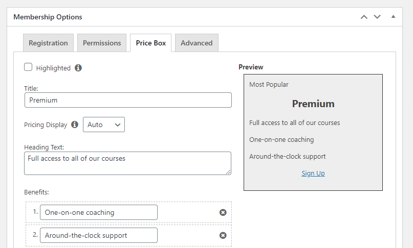 Configuring your membership's price box.