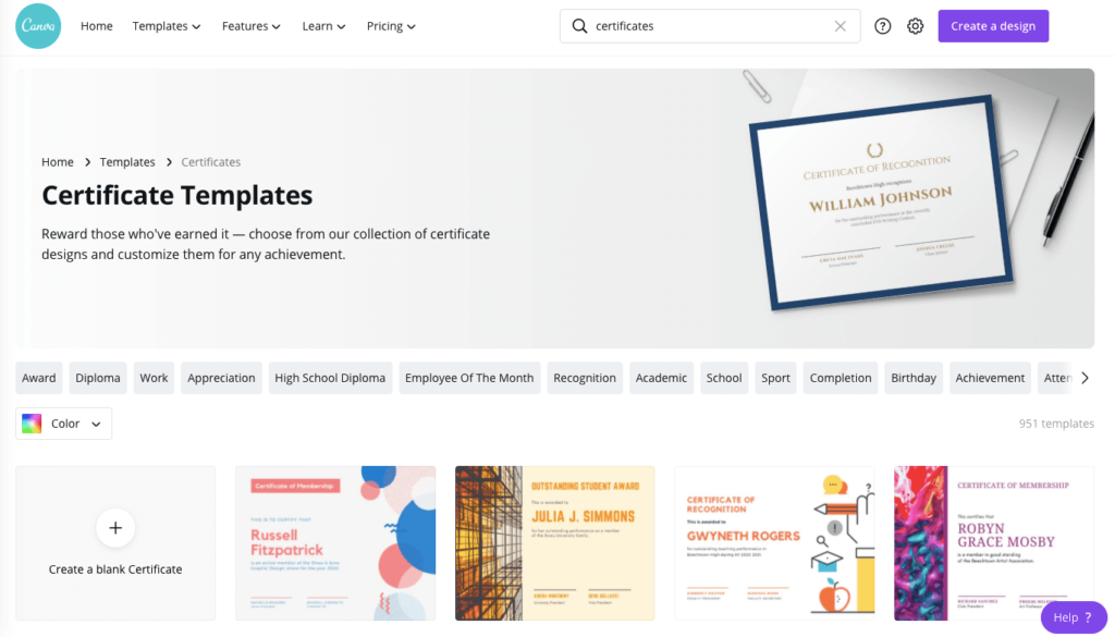 Canva certificate templates.